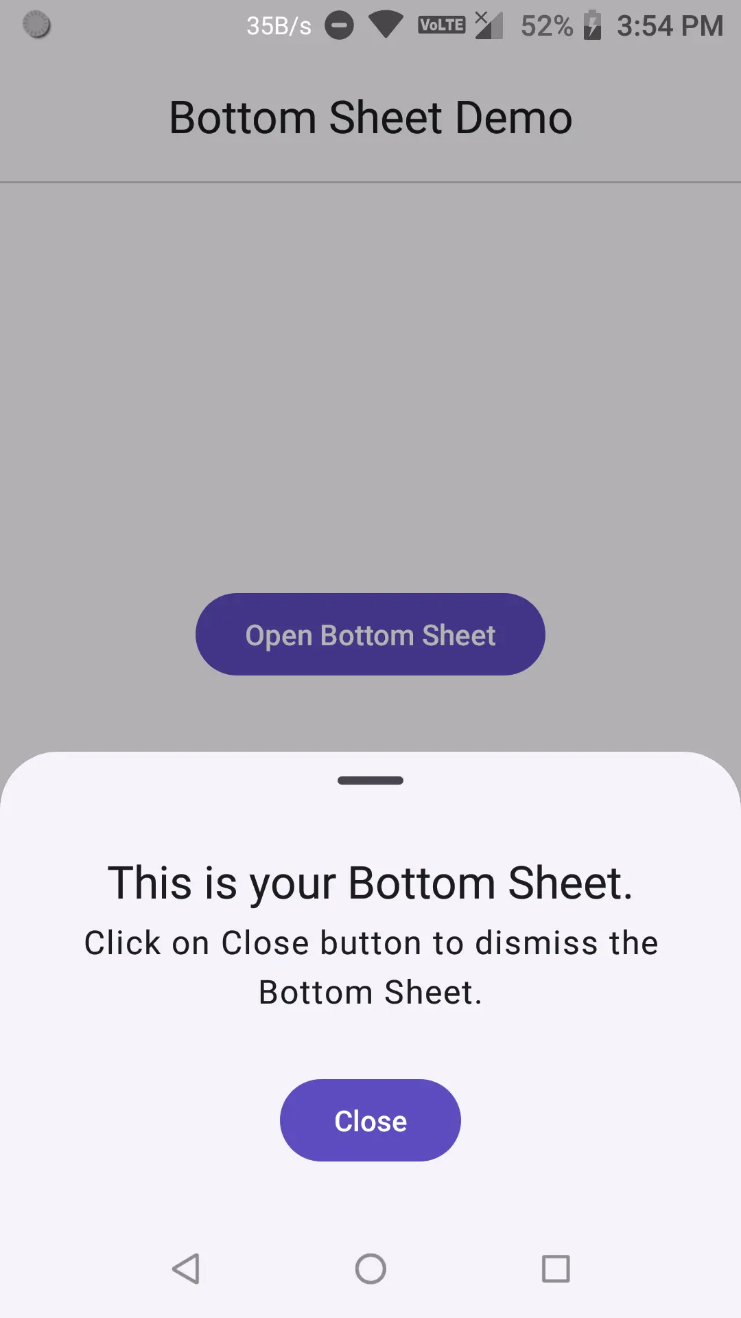 A screenshot of a Bottom Sheet displaying after button click.